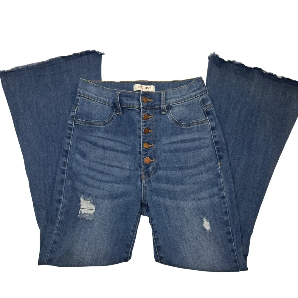 Vibrant MIU Women Blue Distressed High Rise Button Fly Flare Jeans Size 9 W28